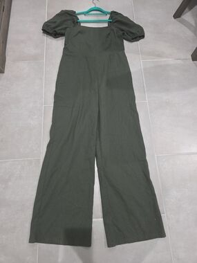 Audrey Parks.Olive Green Wide-Leg Jumpsuit - Puff Sleeve